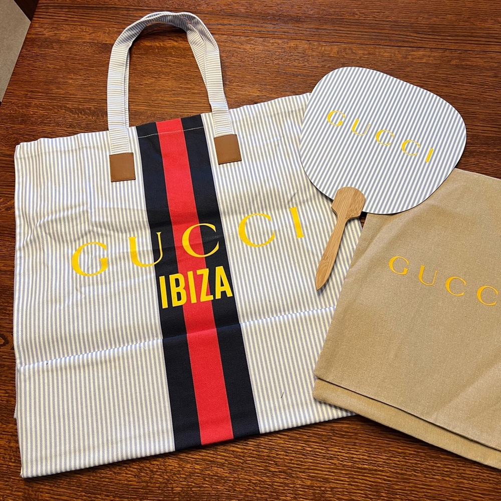 Gucci beach bag and fan from Gucci Ibiza store